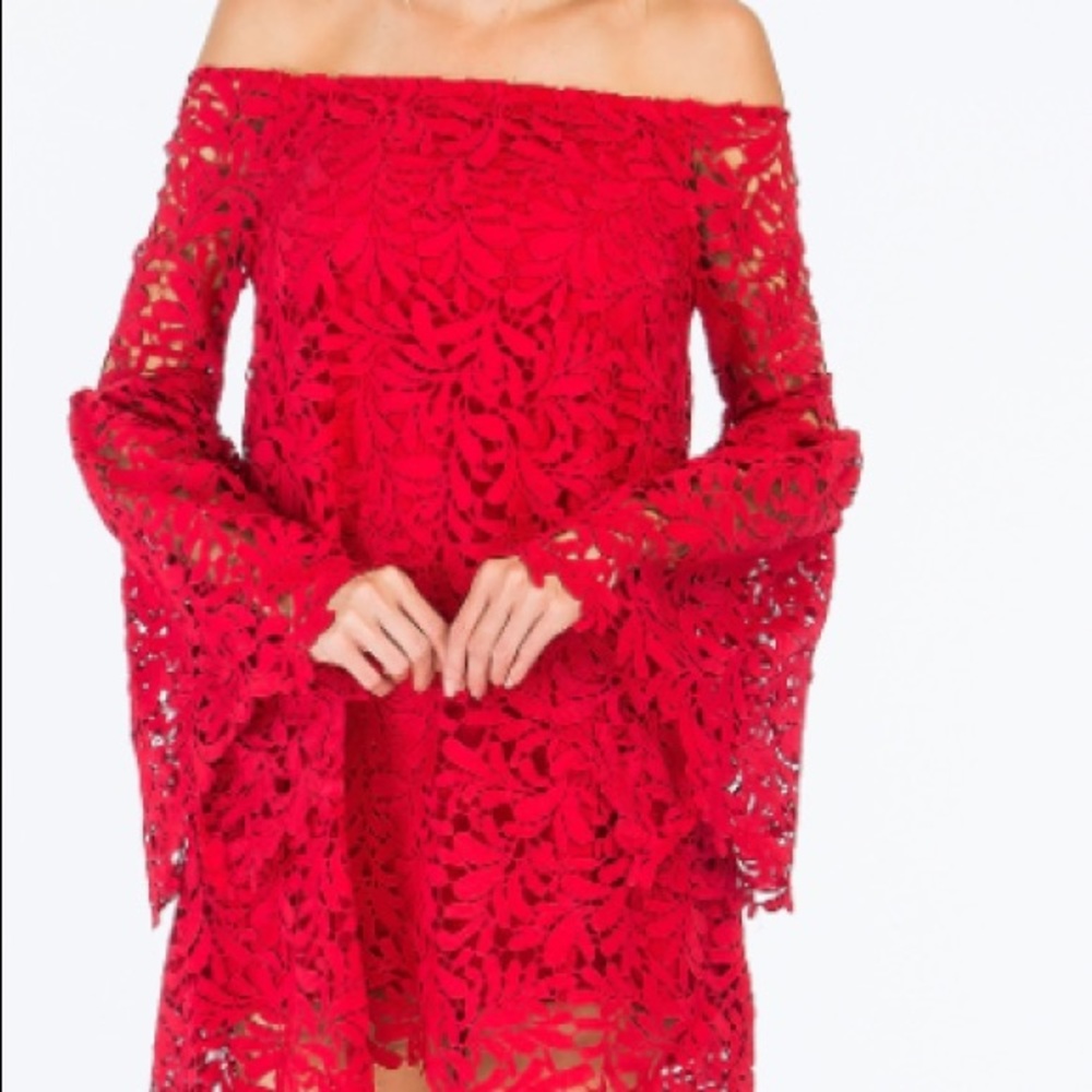 Red lace off the shoulder dress